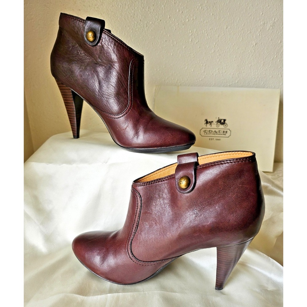 Coach Leather Aliza‎ Ankle Boots 8.5 Brown/Chocolate - Brass Button Strap Bootie